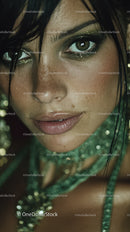 Close-up of a Woman with Glitter Makeup and Green Eyes