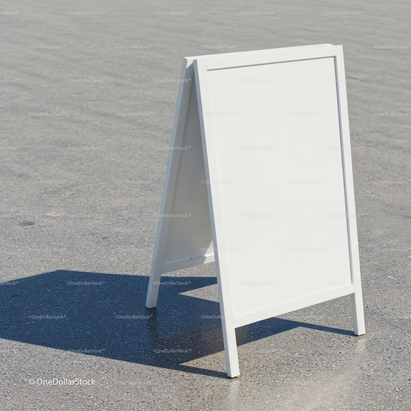 Blank white sandwich board standing on pavement JPG Mockup Image