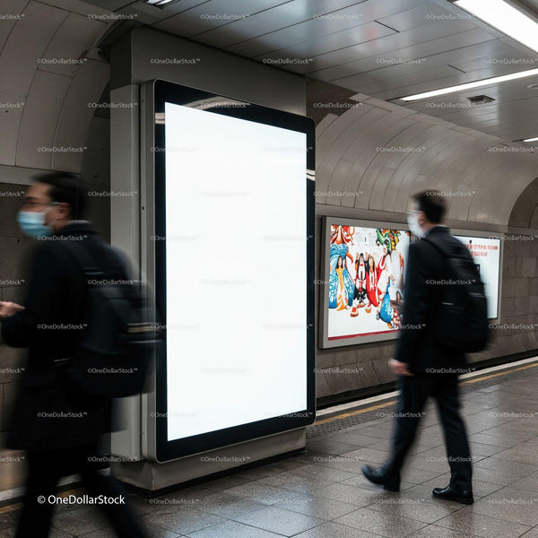 Commuters walking past blank digital billboard in subway JPG Mockup Image