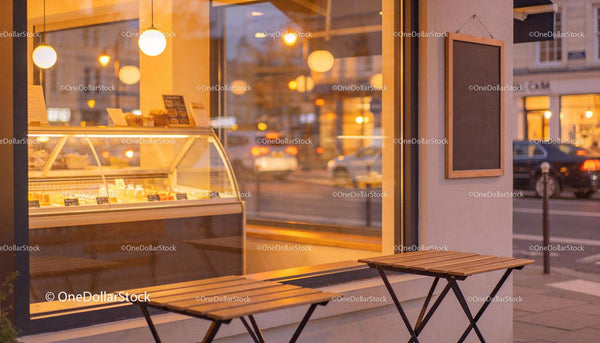 Cozy urban cafe window with warm glowing lights