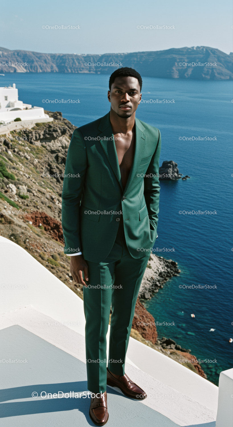 Stylish man in emerald suit overlooking coastal cliffs