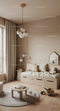 Modern Neutral Tone Children's Bedroom with Cozy Play Area