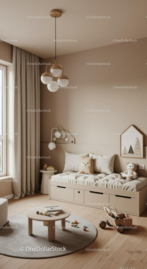 Modern Neutral Tone Children's Bedroom with Cozy Play Area