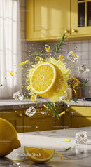 Fresh lemon slice with ice and rosemary in kitchen