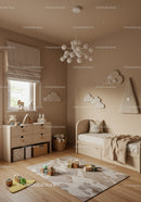 Cozy Children's Bedroom with Cloud Wall Decor and Wooden Toys