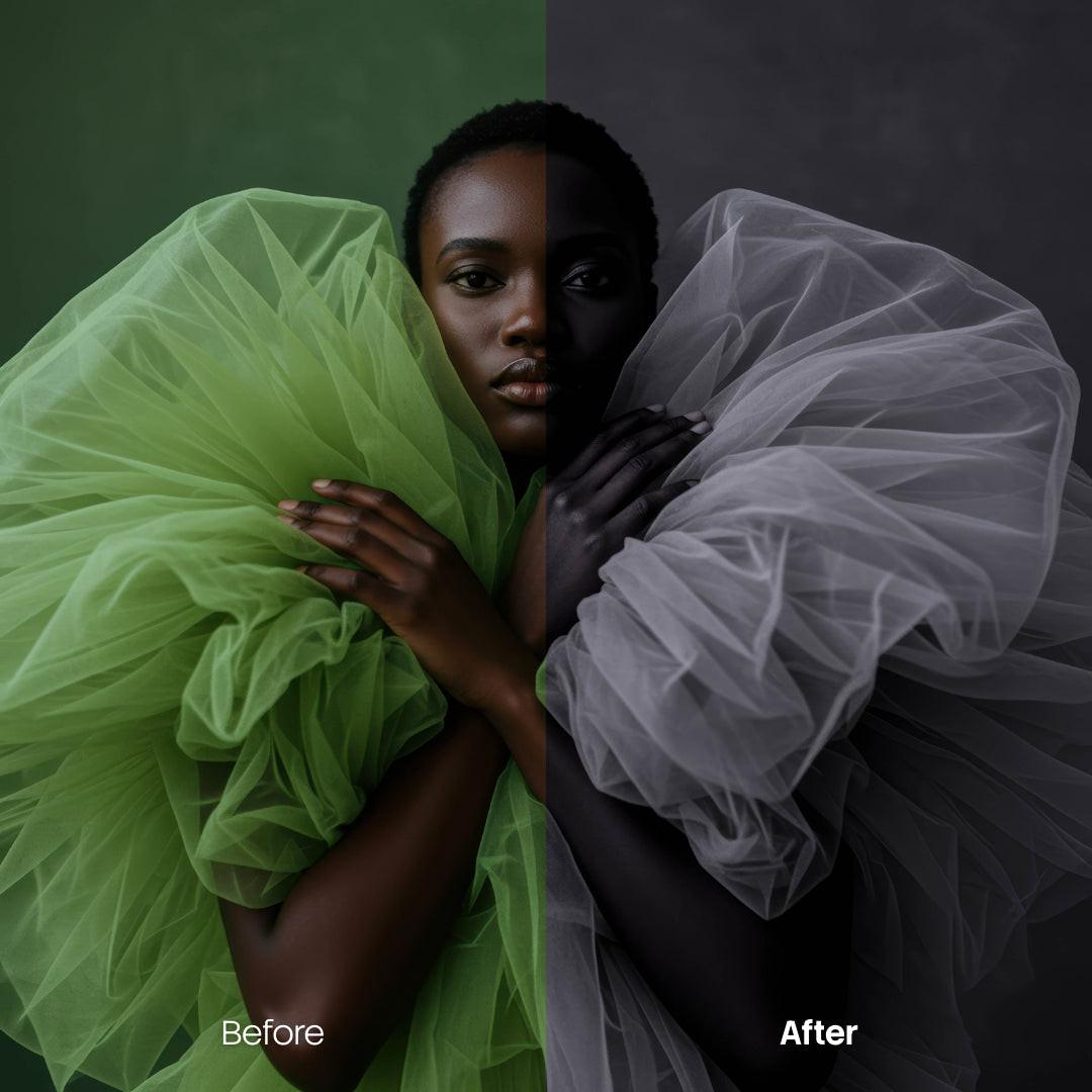Before and after Near Mono Lightroom preset edit