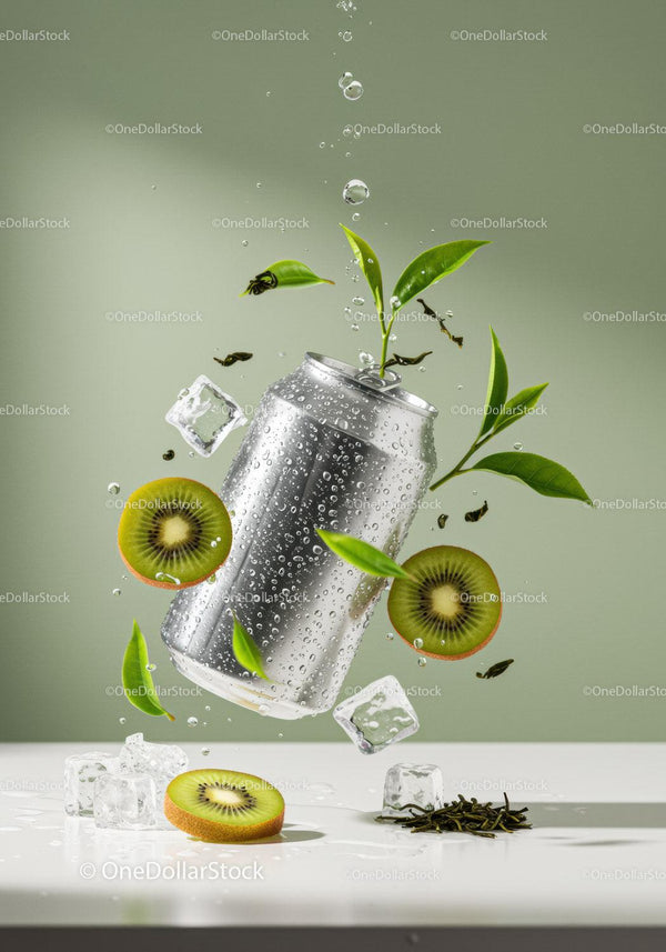 Refreshing Kiwi Tea Beverage with Ice and Green Leaves