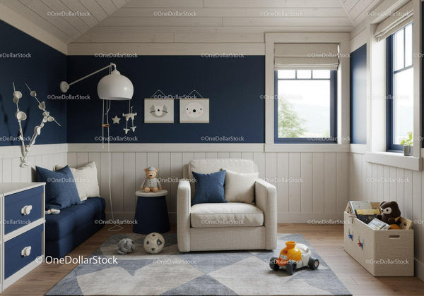 Modern Nursery Room with Blue and White Decor and Natural Light