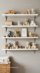Cute Plush Teddy Bears and Wooden Toys on Shelves in Children's Room