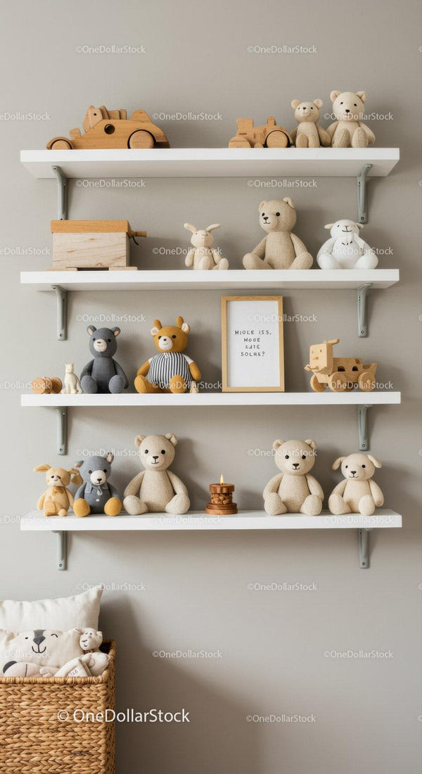 Cute Plush Teddy Bears and Wooden Toys on Shelves in Children's Room
