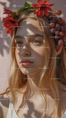 Young Woman with Red Floral Crown and Purple Grapes Outdoor Portrait