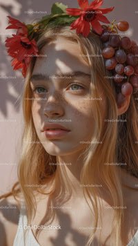Young Woman with Red Floral Crown and Purple Grapes Outdoor Portrait