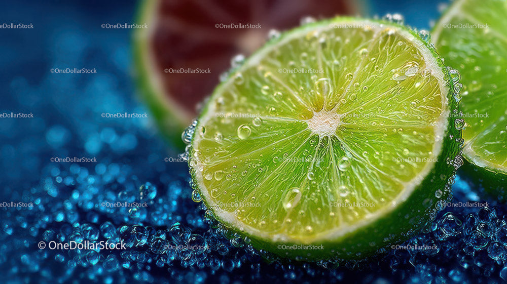 Świeży plasterek limonki z kroplami wody na żywym niebieskim tle