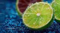 Fresh Lime Slice with Water Droplets on Vibrant Blue Background
