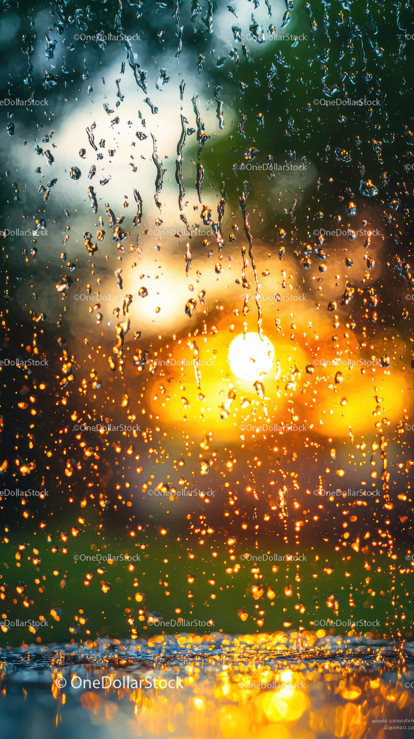 Rainy Sunset Over Water with Golden Light Reflection