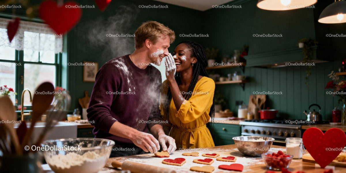 Couple playfully baking heart-shaped cookies together