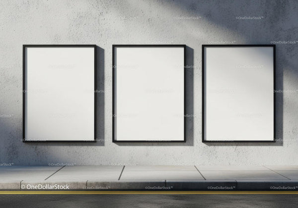 Three Blank Vertical Posters on Urban Concrete Wall JPG Mockup Image
