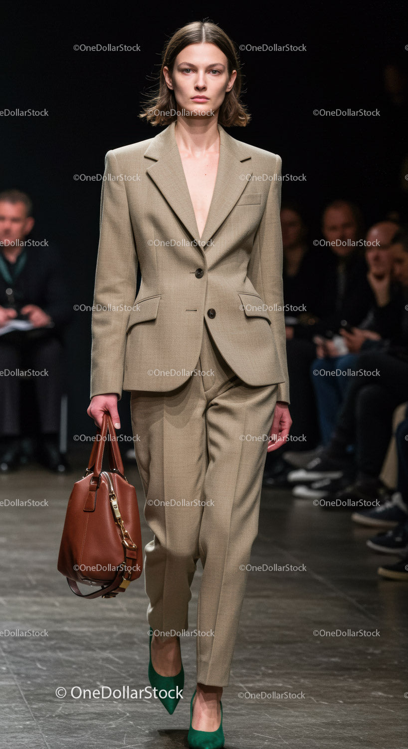 Elegant Model Walking Down Runway in Beige Suit and Green Heels
