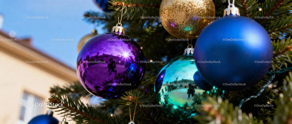 Colorful Christmas Ornaments Hanging on Tree Branch