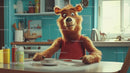 Playful Animated Bear in Cozy Kitchen Wearing Red Apron