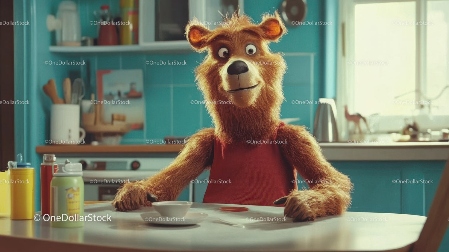 Playful Animated Bear in Cozy Kitchen Wearing Red Apron