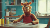 Playful Animated Bear in Cozy Kitchen Wearing Red Apron