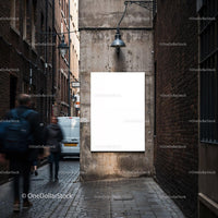 Blank billboard on urban alleyway wall with pedestrians JPG Mockup Image preview