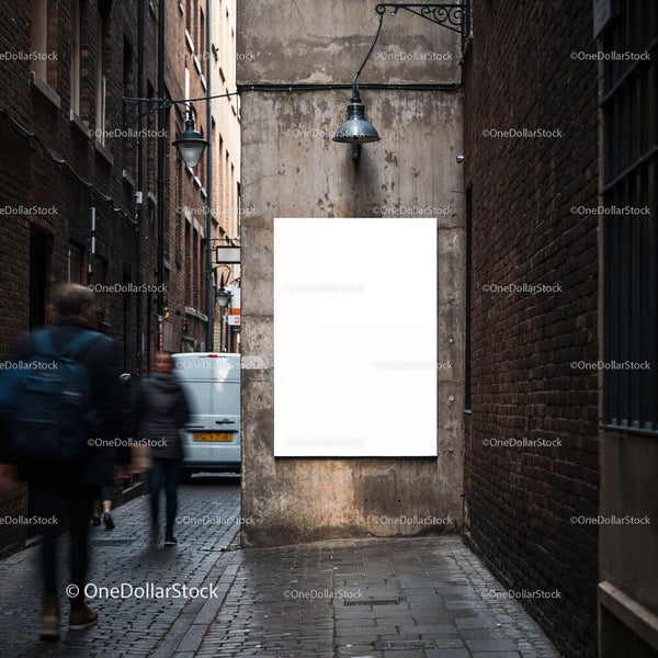 Blank billboard on urban alleyway wall with pedestrians JPG Mockup Image