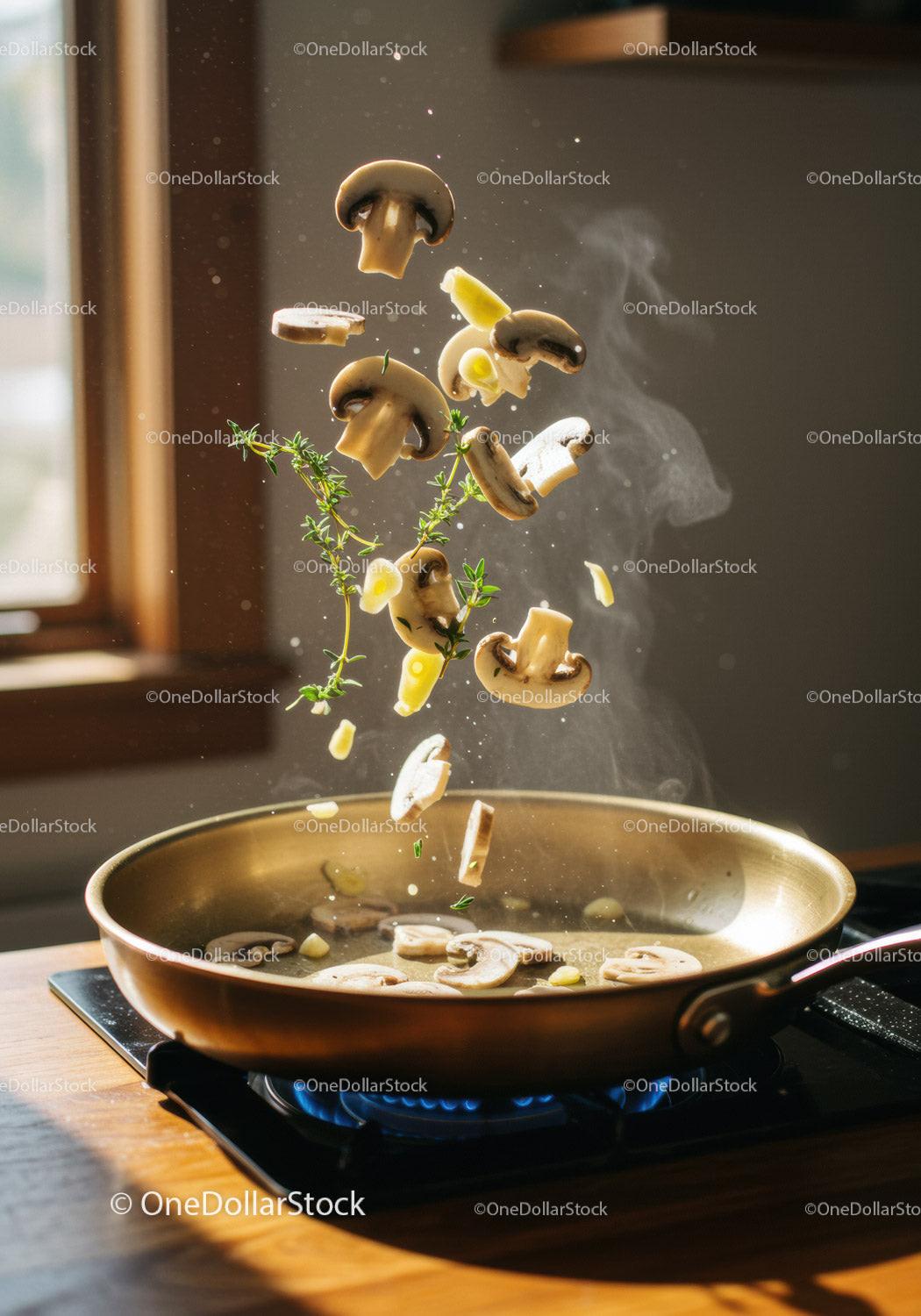 Fresh mushrooms and herbs tossed in sizzling pan