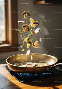 Fresh mushrooms and herbs tossed in sizzling pan