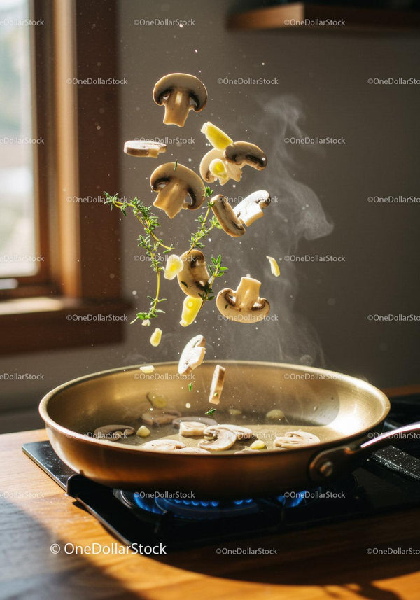 Fresh mushrooms and herbs tossed in sizzling pan