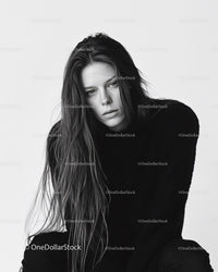Black and White Portrait of a Stylish Female Model with Long Hair