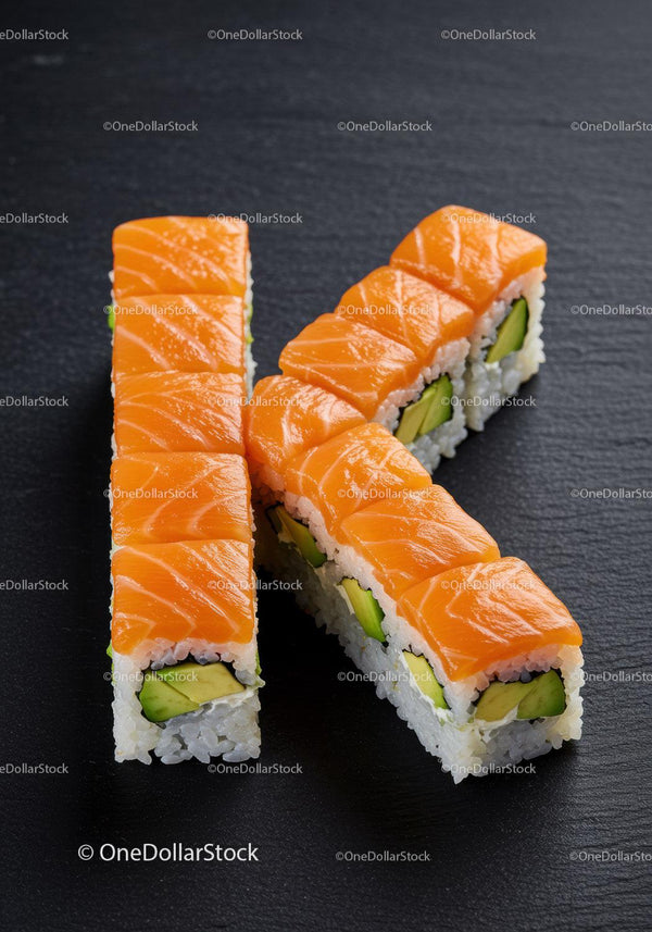 Fresh salmon sushi rolls with avocado on black surface