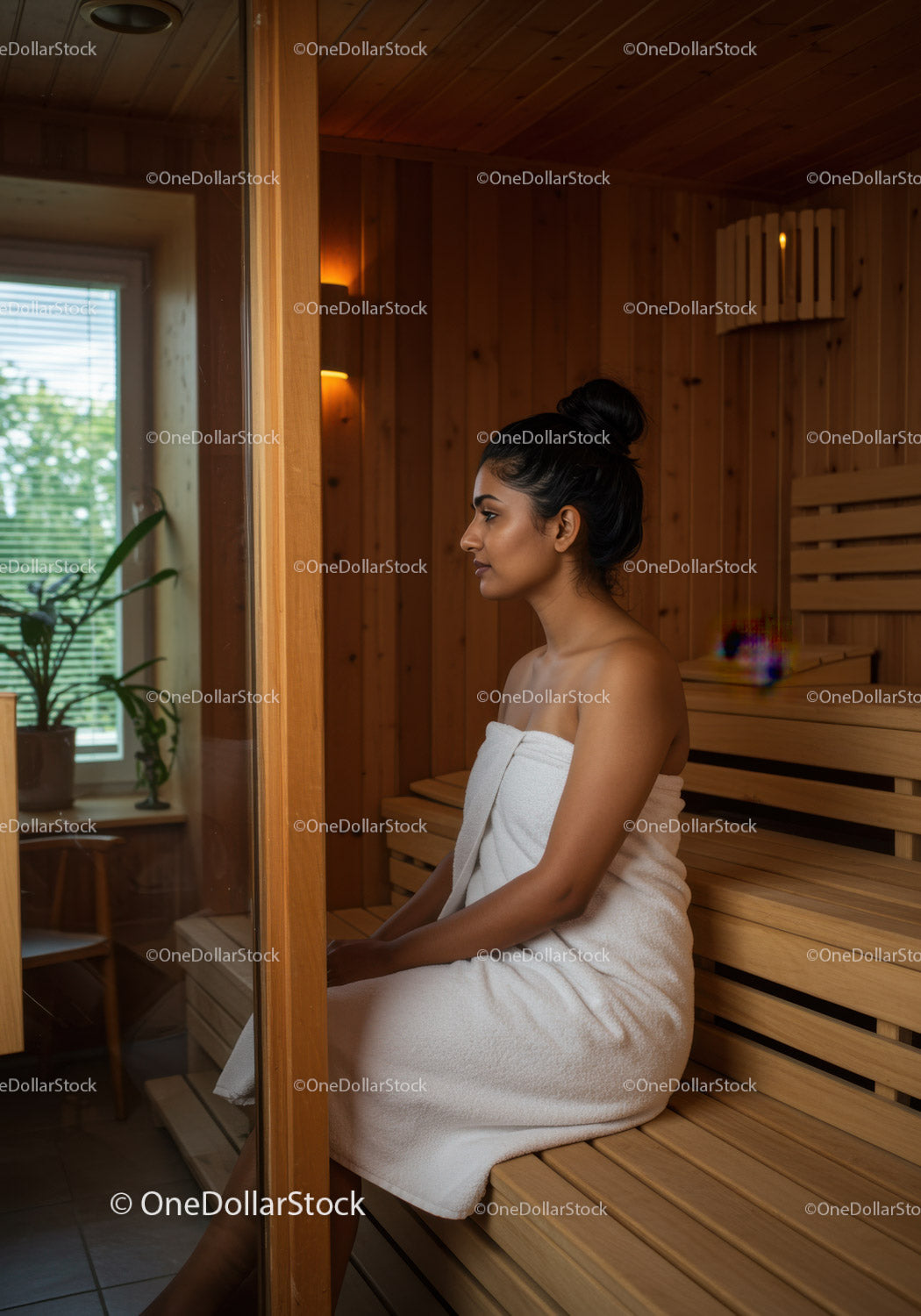 Woman Relaxing in Wooden Sauna with Towel in Wellness Spa
