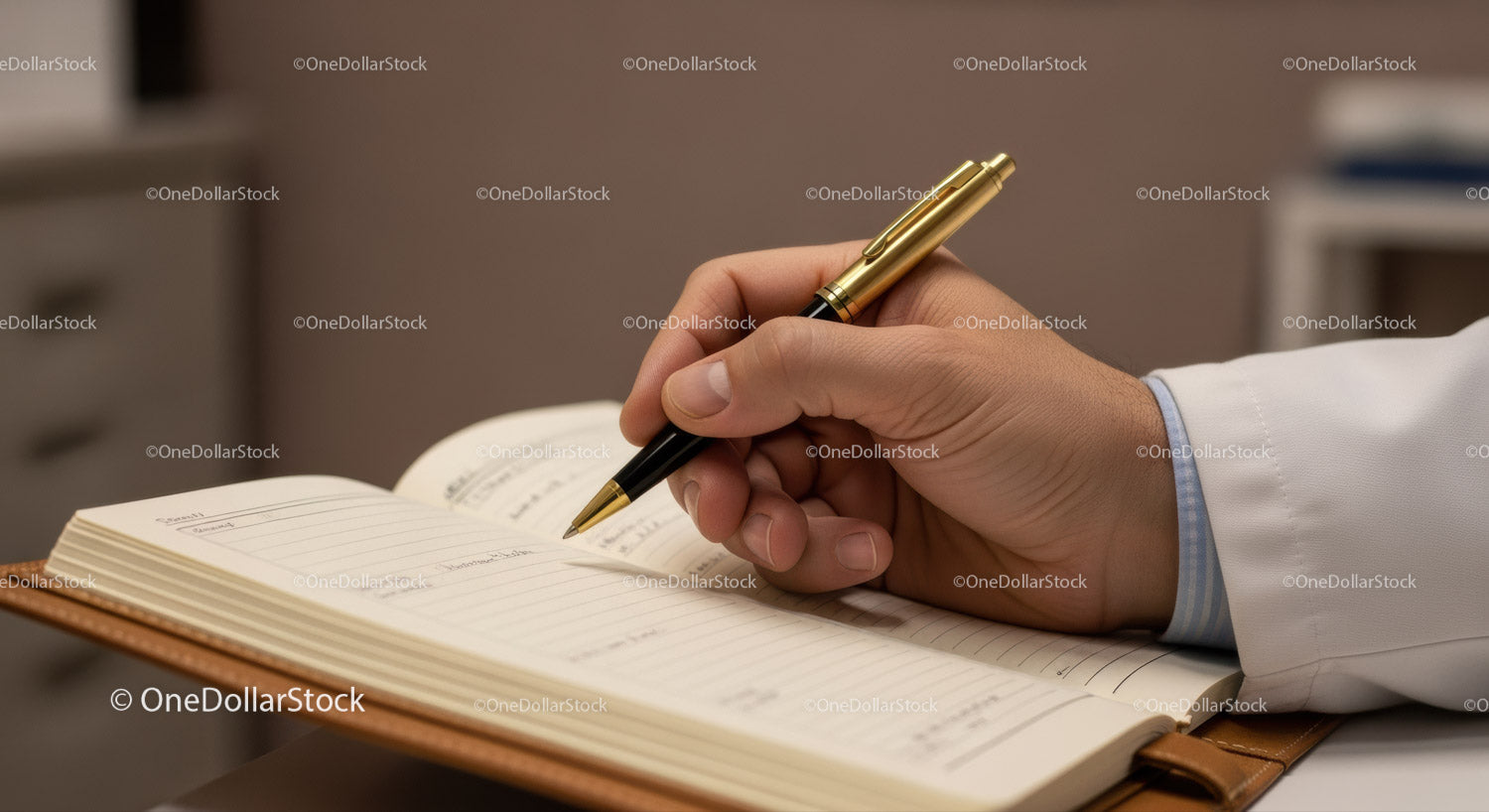 Profesjonalny dziennik w skórzanym notesie ze złotym długopisem