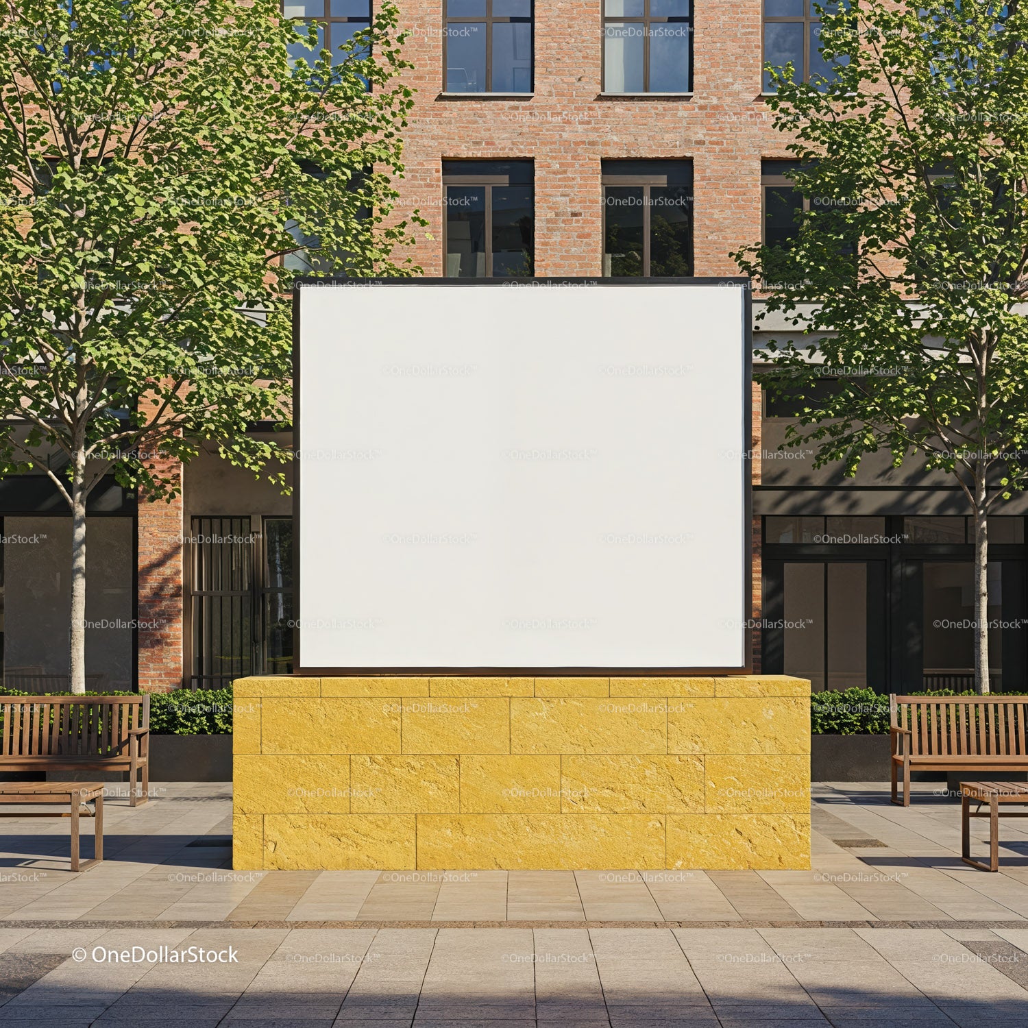 Blank outdoor billboard in urban plaza with benches
