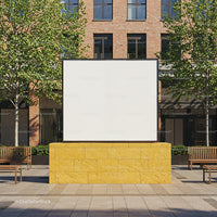 Blank outdoor billboard in urban plaza with benches
