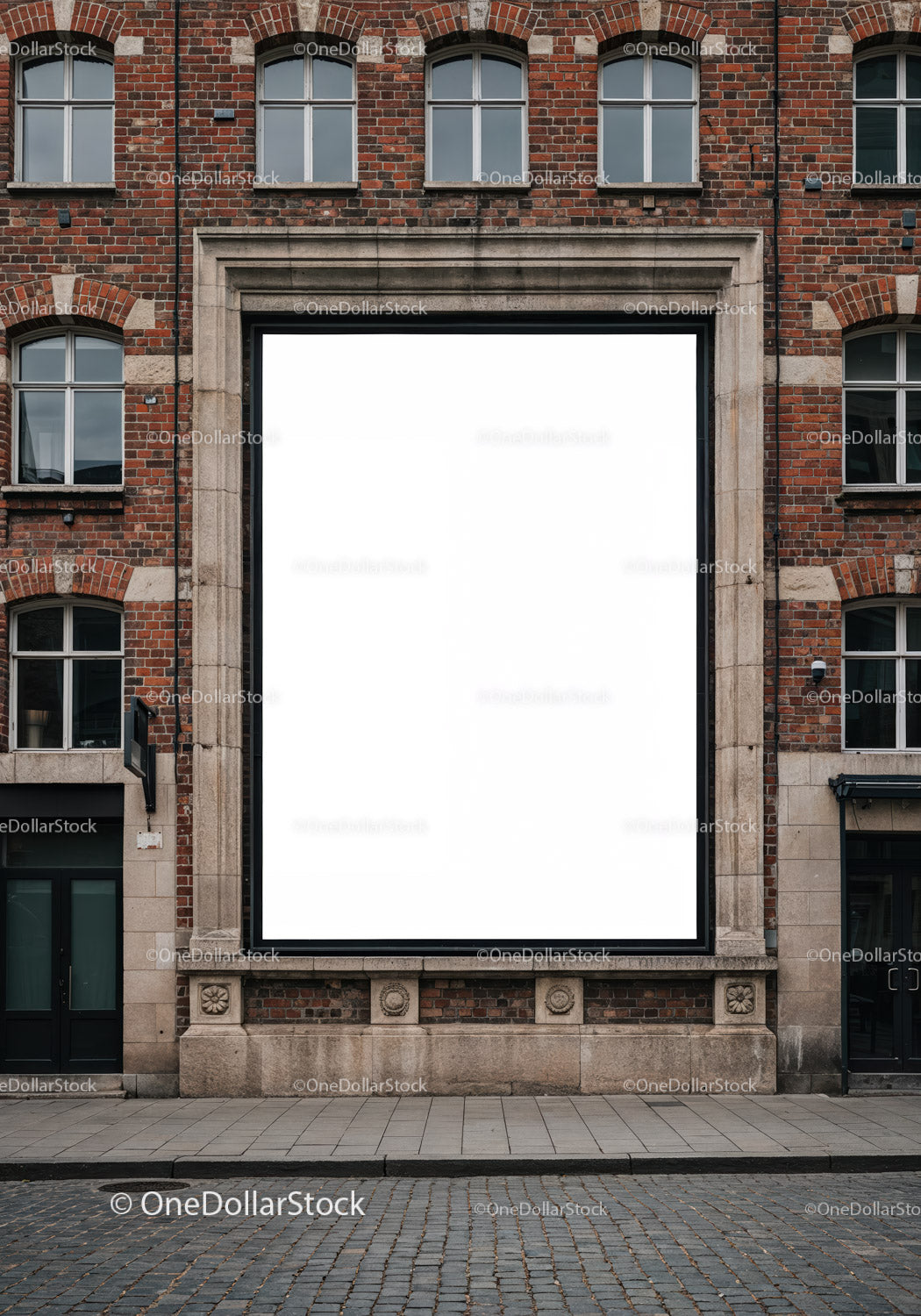 Blank billboard on vintage brick building facade
