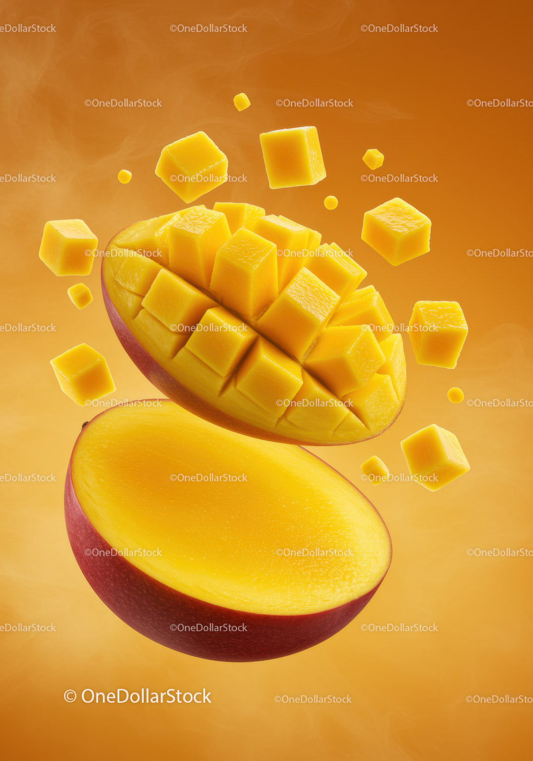 Fresh Mango Half with Cubed Pieces Floating