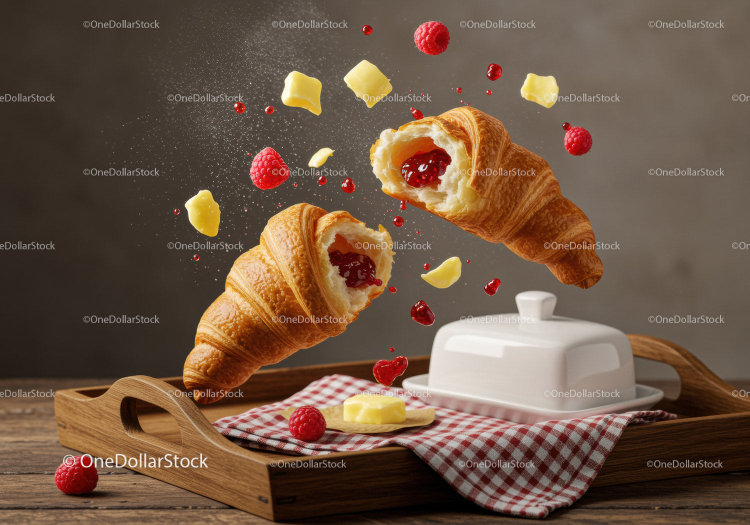Crispy croissants filled with raspberry jam and butter
