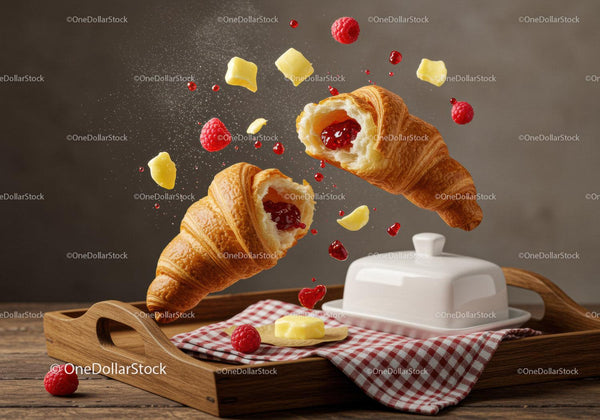 Crispy croissants filled with raspberry jam and butter