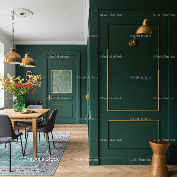 Stylowe Zielone Panele Ścienne i Elegancka Dekoracja Jadalni