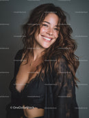 Joyful Young Woman with Bright Smile Wearing Black Lingerie