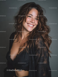 Joyful Young Woman with Bright Smile Wearing Black Lingerie