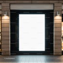 Empty illuminated retail display window at night