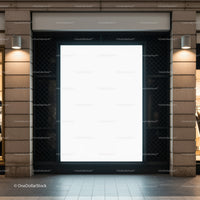 Empty illuminated retail display window at night