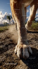 Close-up of Dog Paw Walking on Dirt Path in Sunny Field