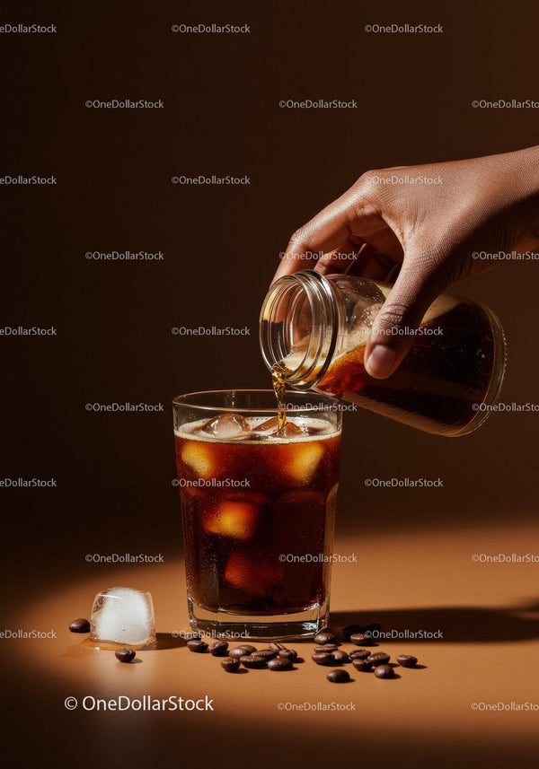 Pouring Cold Brew Coffee Over Ice in Clear Glass