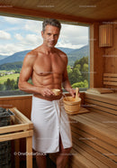 Relaxed Middle-Aged Man Enjoying Sauna in Scenic Mountain Setting