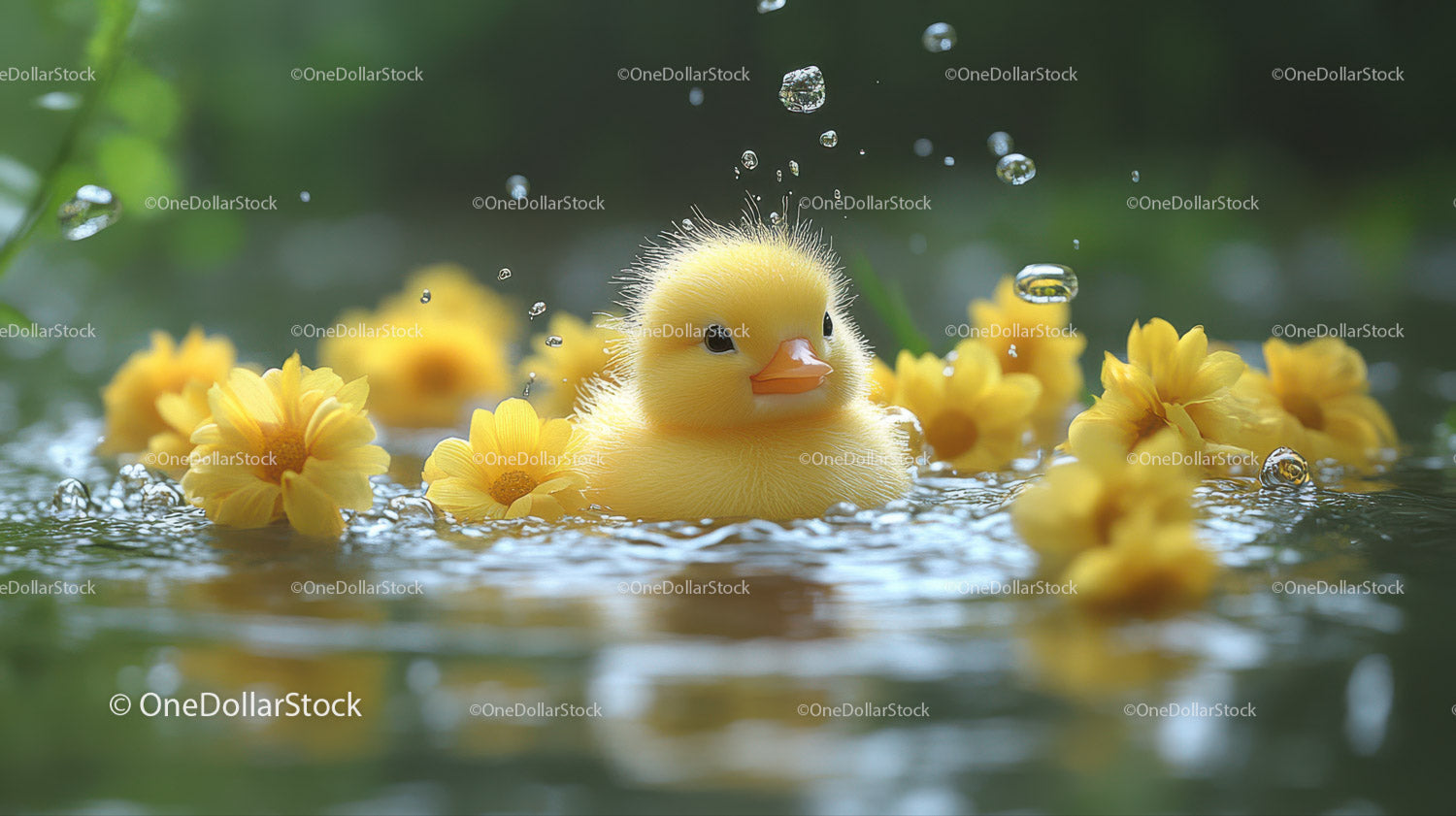 Cute Yellow Duckling Floating Among Yellow Flowers on Water